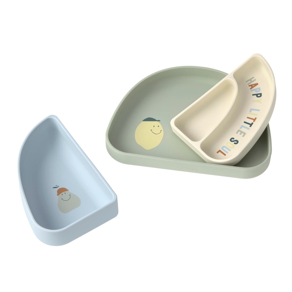 Set de vaisselle compartimentée en silicone LÄSSIG – service enfant en forme d’arc-en-ciel Happy Fruits Lemon