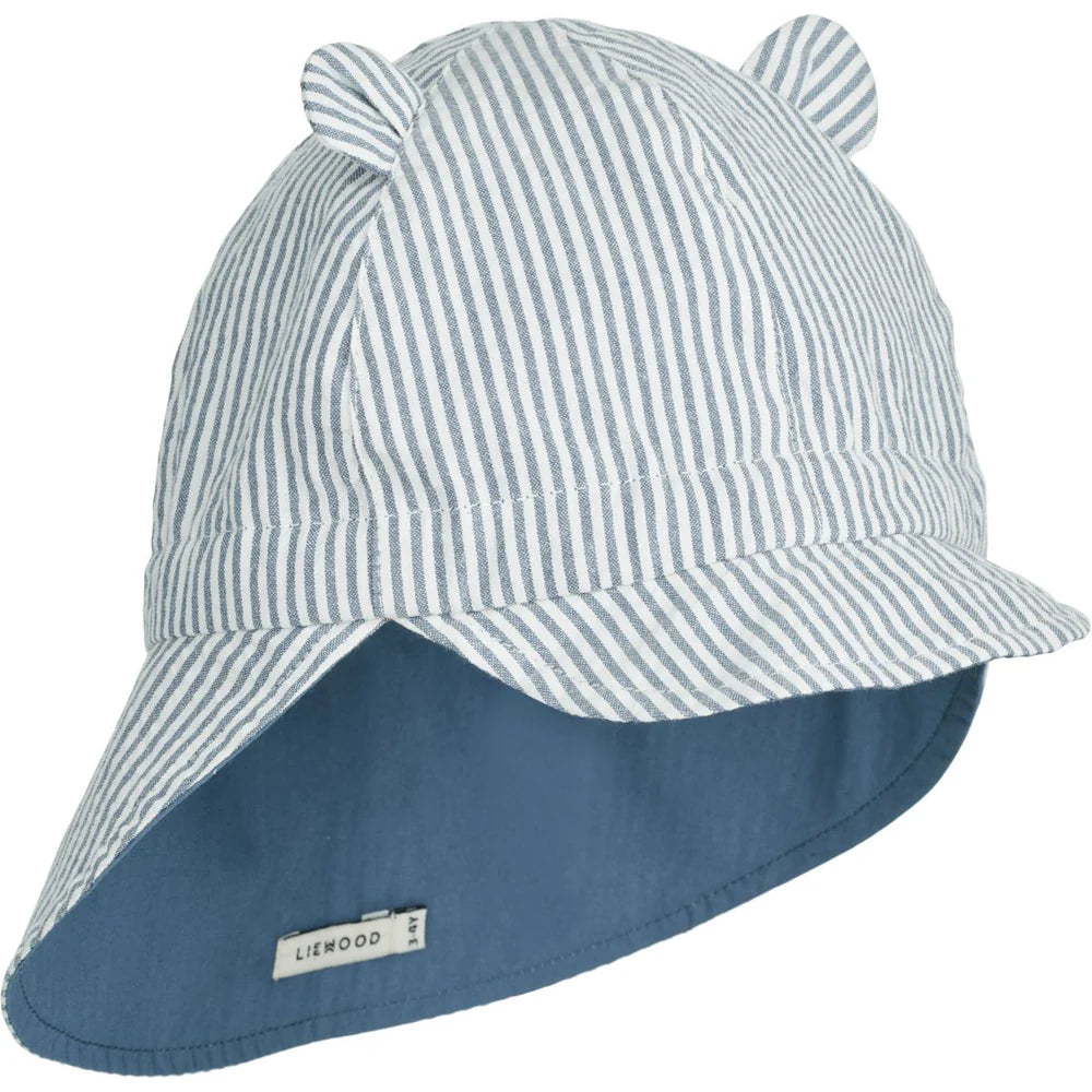 Liewood Chapeau de soleil réversible en seersucker pour enfants avec oreilles - Y/D Stripe Blue Wave / Crème De La Crème