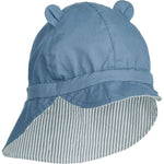 Chapeau de soleil réversible seersucker Liewood Gorm pour enfants avec oreilles - Y/D Stripe Blue Wave / Crème De La Crème