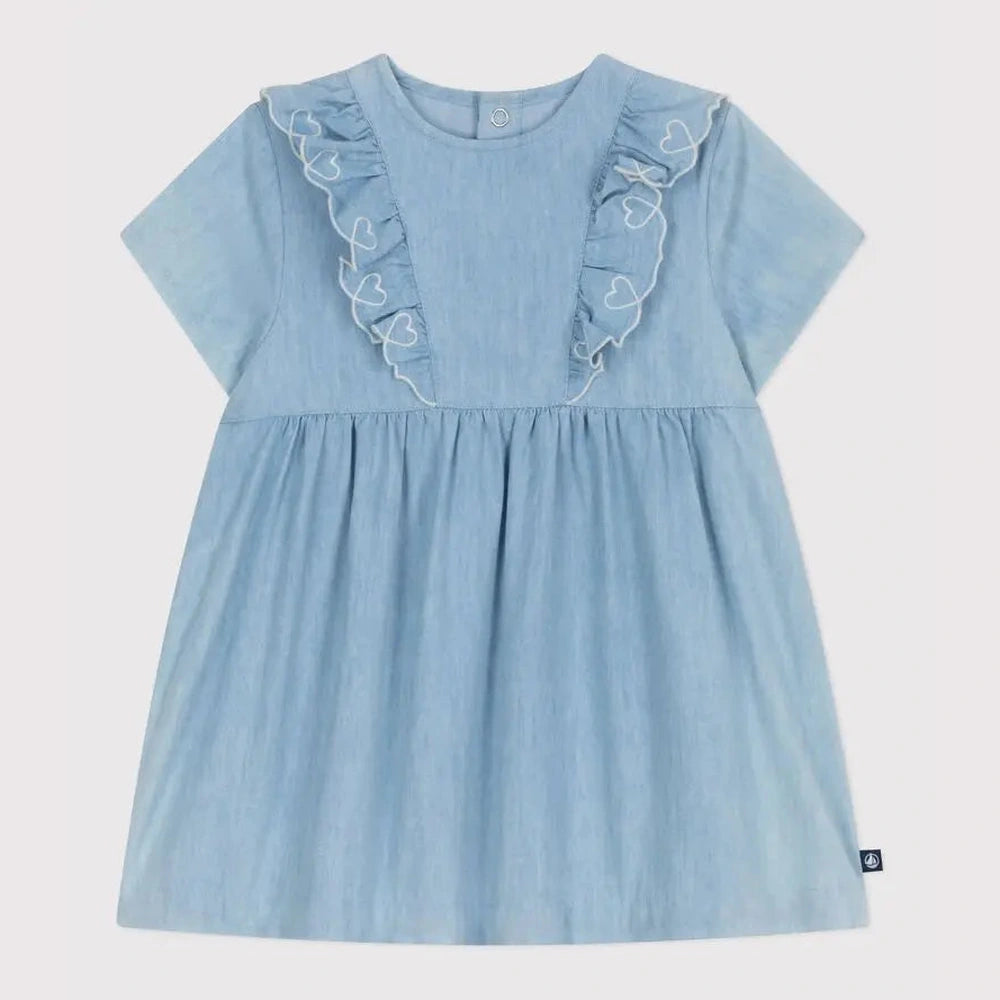 Petit Bateau | Robe bébé en coton à manches courtes et cœurs brodés en chambray