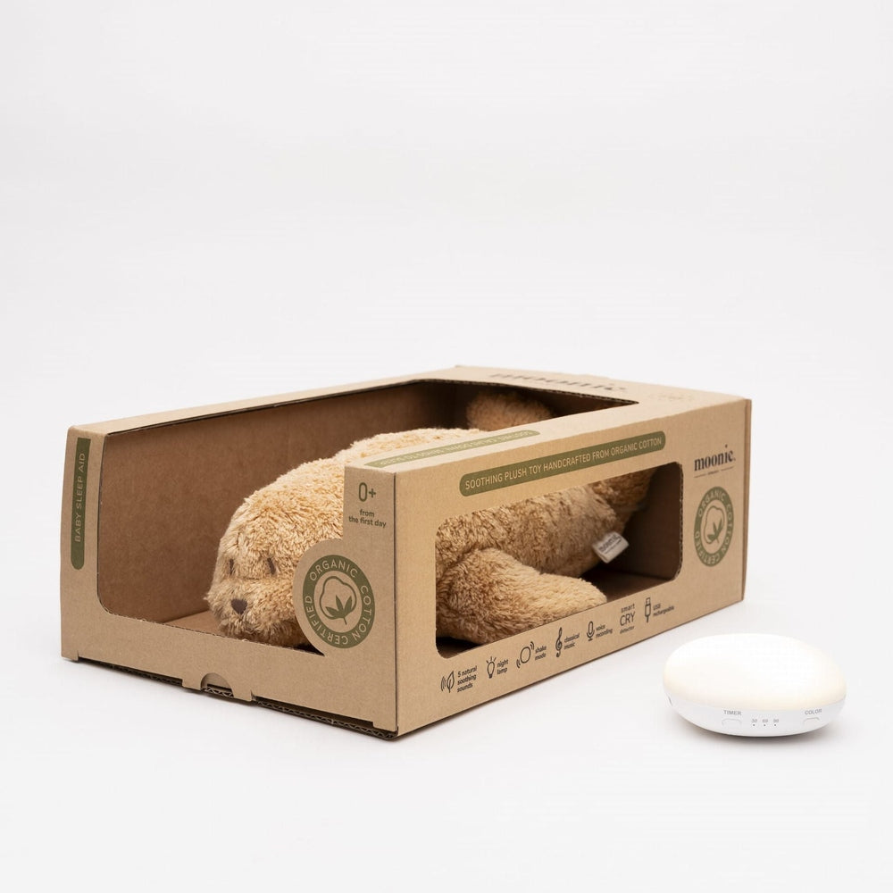 Moonie Peluche - The Humming Seal Organic 2.0 - Cappuccino naturel | Phoque à bruit blanc avec veilleuse