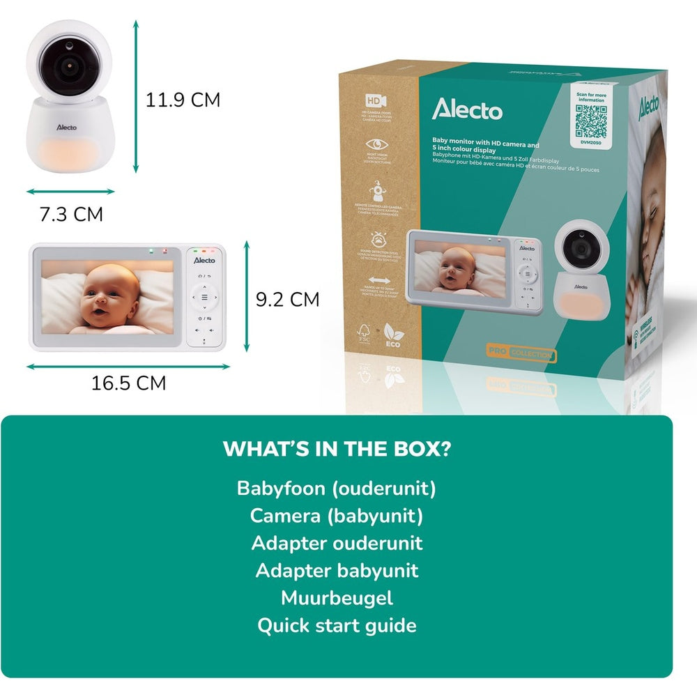 Babyphone Alecto avec caméra - Pro Collection - caméra HD - grand écran 5 pouces - télécommandable - extensible jusqu'à 4 caméras - veilleuse - DVM2050 - Blanc