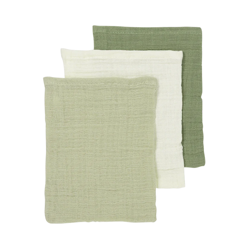 Lot de 3 gants de toilette hydrophiles Meyco prélavés - Naturel/Olive doux/Vert olive