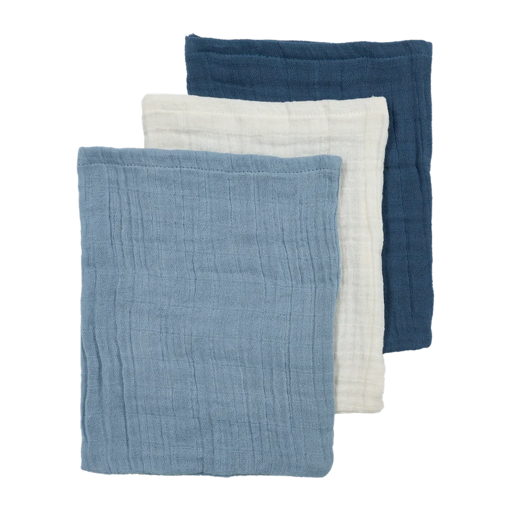 Meyco Gant de toilette en mousseline pré-lavé, lot de 3 - Naturel/Bleu jean/Indigo