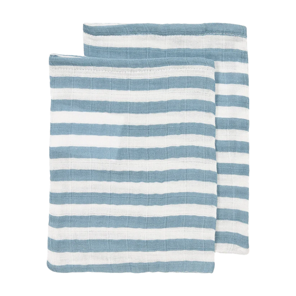 Meyco Gant de toilette en mousseline prélavé, lot de 2 - Fat Stripe Jeans Blue
