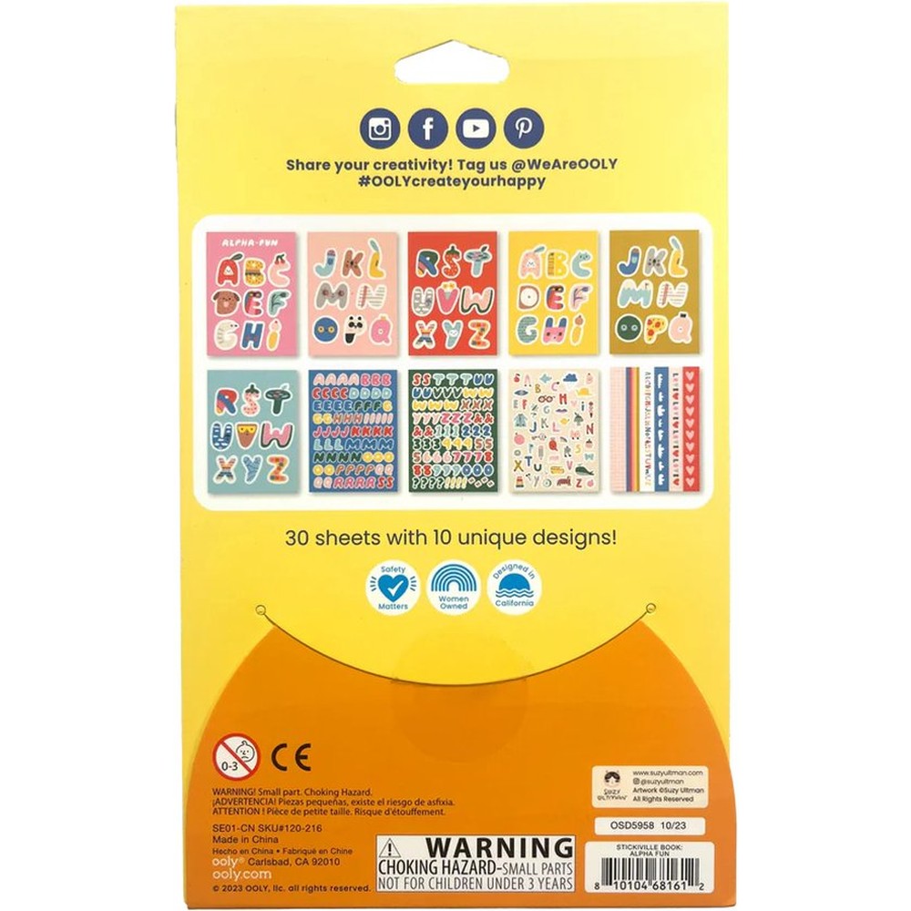 Ooly - Stickiville Stickers X Suzy : Un grand livre d’autocollants - Alphabet - 30 pages de lettres autocollantes ! - Convient dès 3 ans