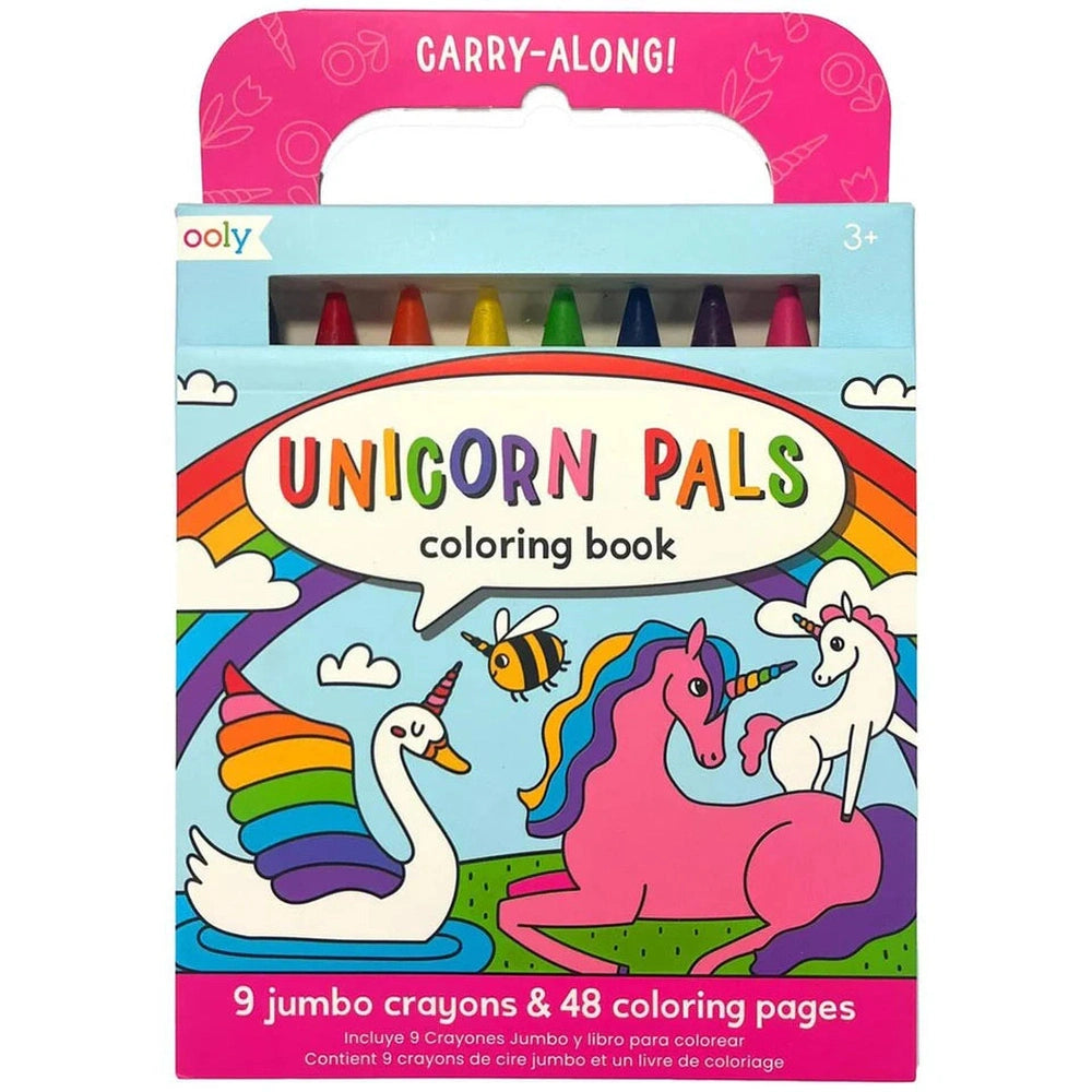 Ooly - Kit crayons de cire et livre de coloriage à emporter - Unicorn Pals - Livre de coloriage pour enfants - 48 pages illustrées et 9 crayons jumbo - avec poignée pour un transport facile - convient aux enfants dès 3 ans