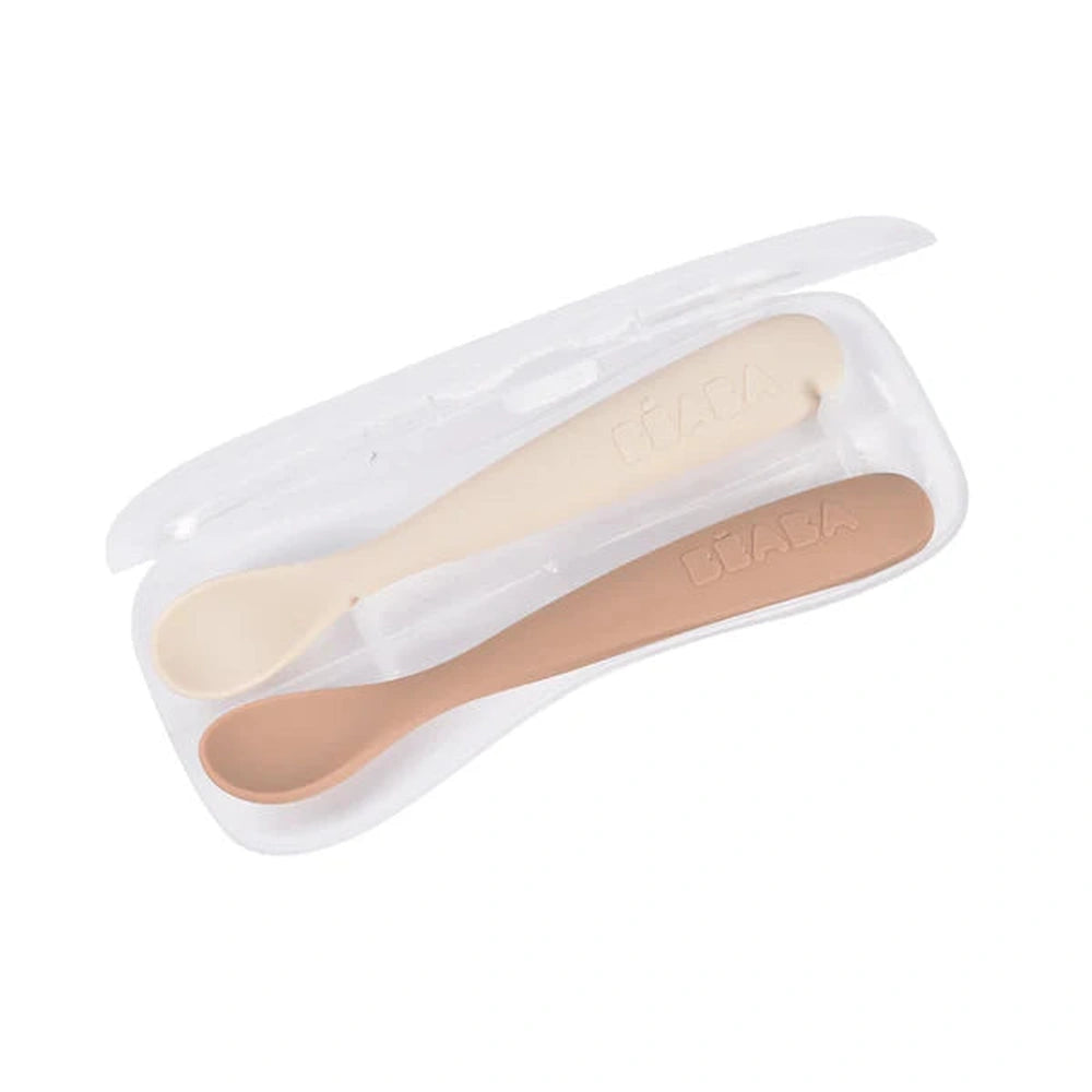 Béaba Lot de 2 cuillères en silicone Easy-Grip 1er âge + boîte de rangement
