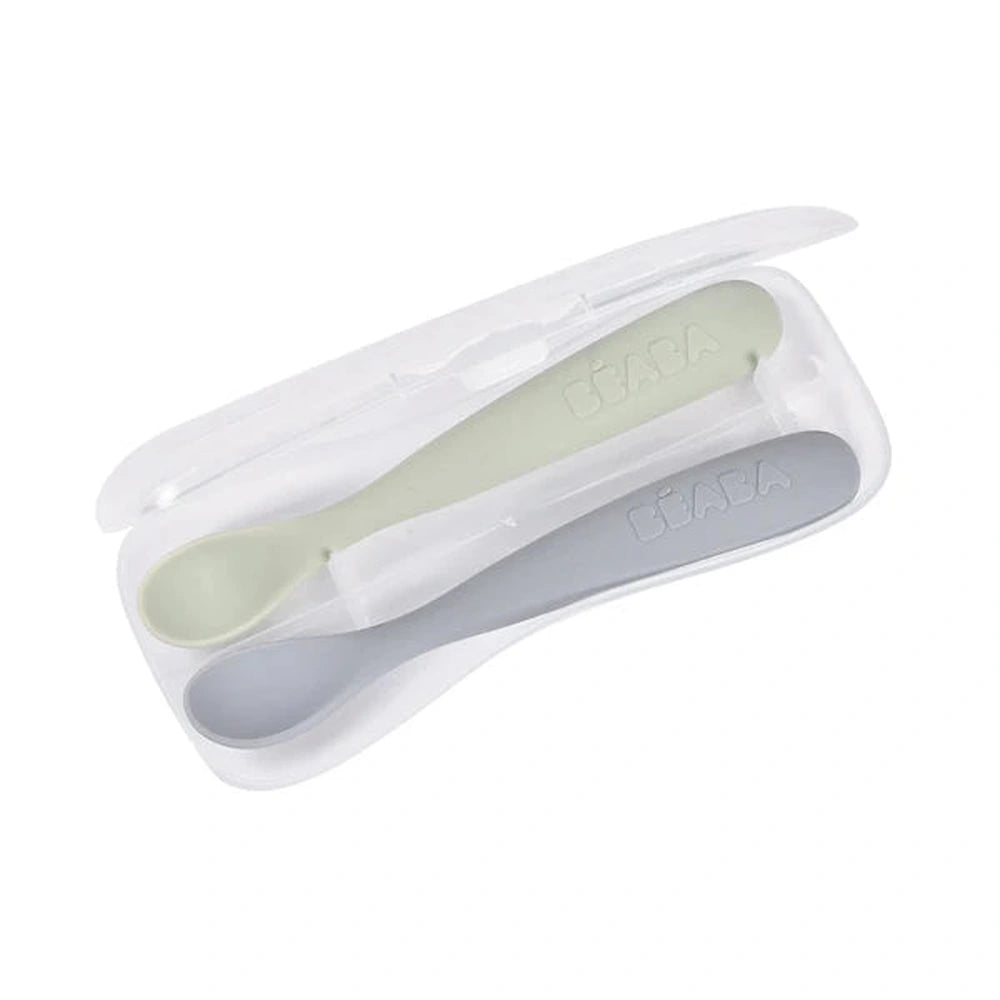 Béaba Lot de 2 cuillères en silicone Easy-Grip 1er âge + boîte de rangement Natural