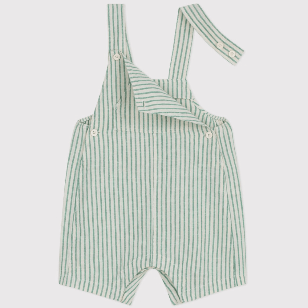 Petit Bateau Salopette courte rayée en coton/lin pour bébé - rayée verte