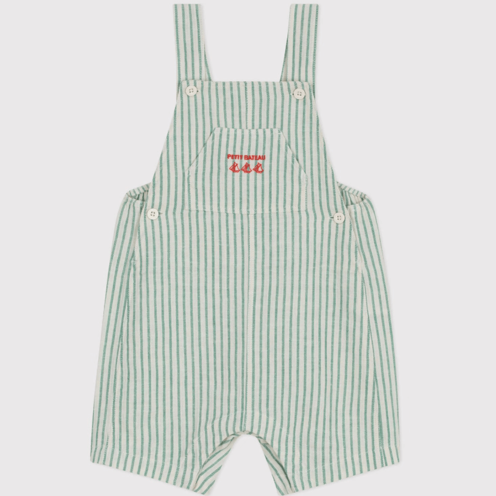 Petit Bateau Salopette courte rayée en coton/lin pour bébé - rayée verte