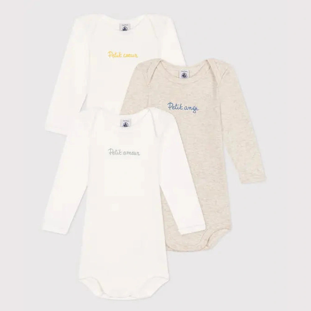 Petit Bateau Lot de 3 bodies en coton à manches longues avec inscription pour bébé