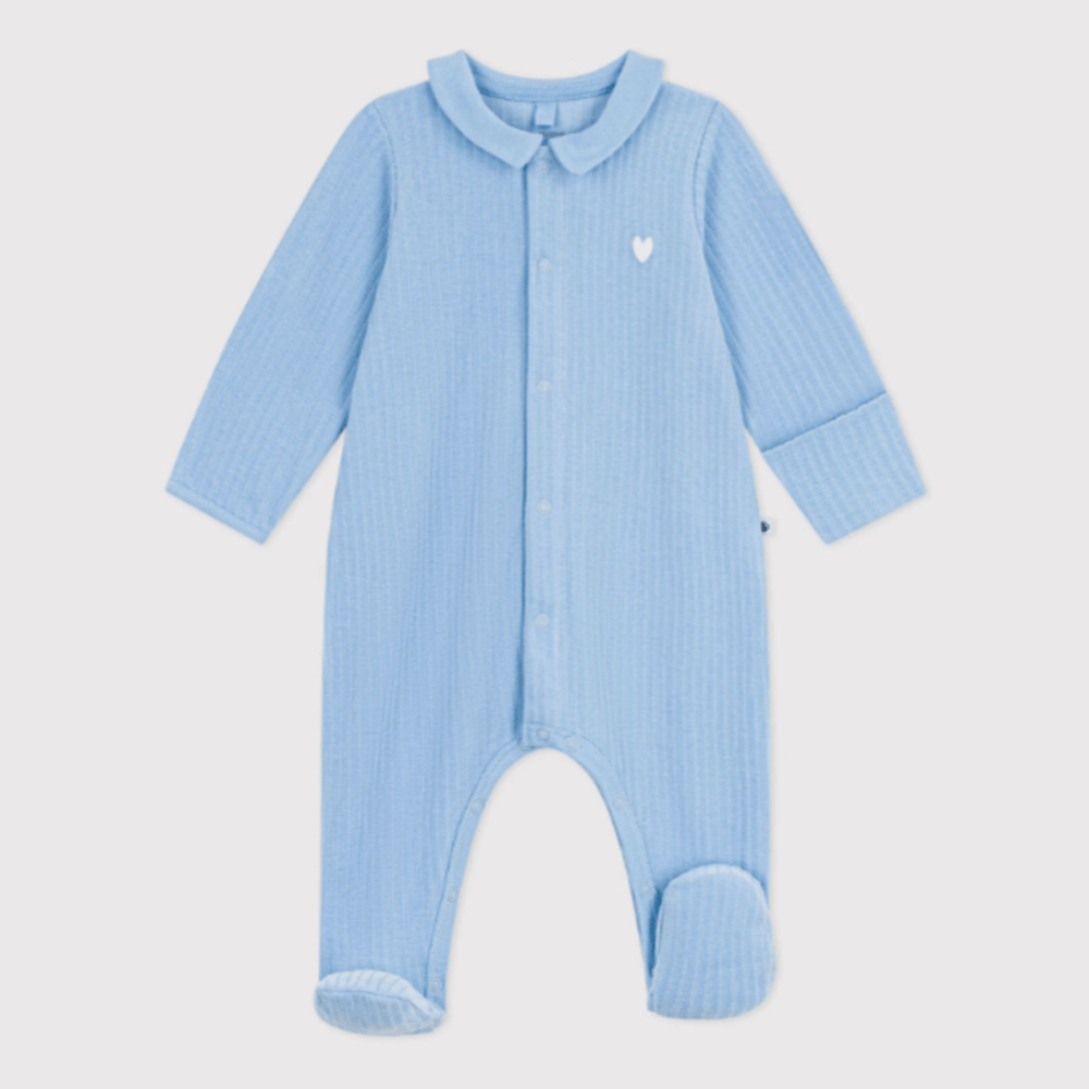 Petit Bateau pyjama bébé en velours à col uni - Bleu
