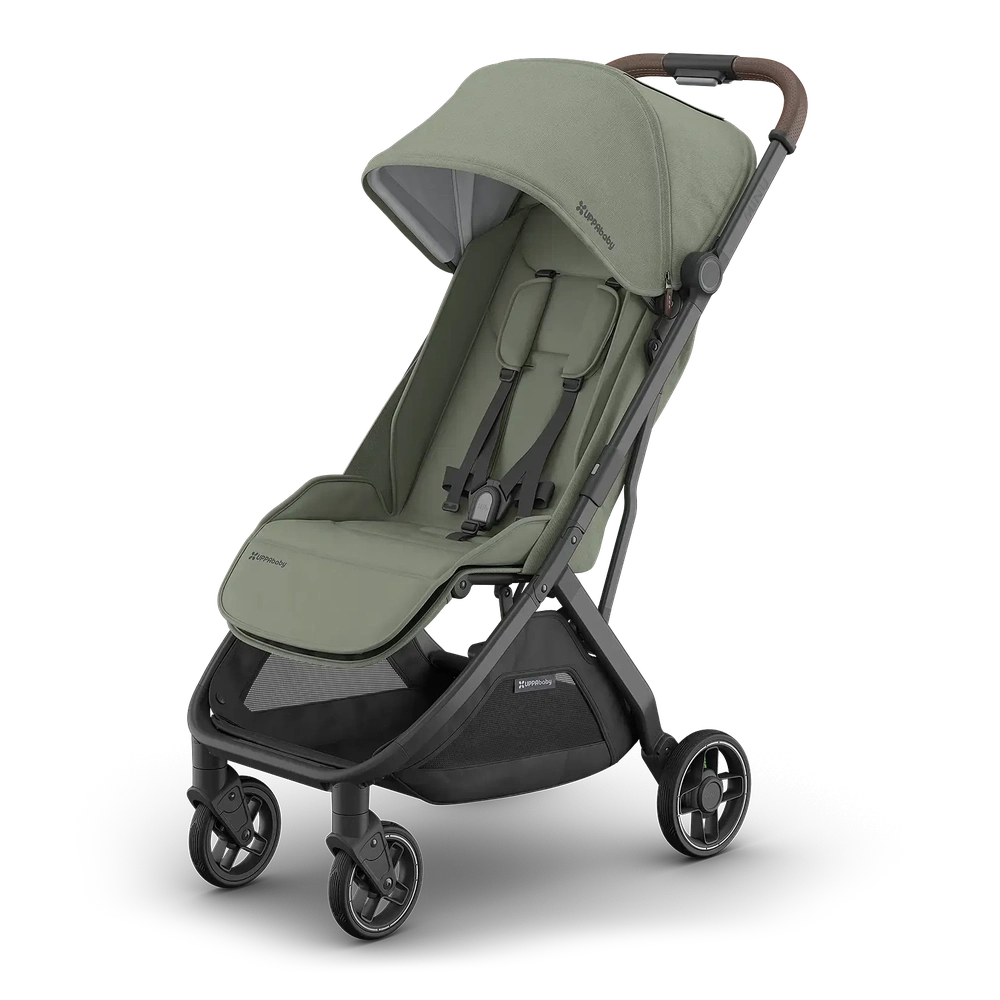 Uppababy Minu V3 Compact Stroller Evelyn Meadow Green Carbon Frame Met Kastanje Bruin Leer