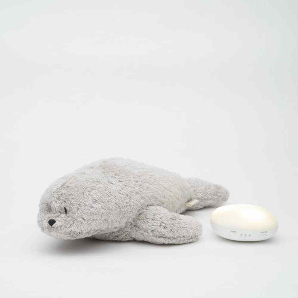 Peluche Moonie - The Humming Seal Organic 2.0 - Gris naturel | Phoque à bruit blanc avec veilleuse