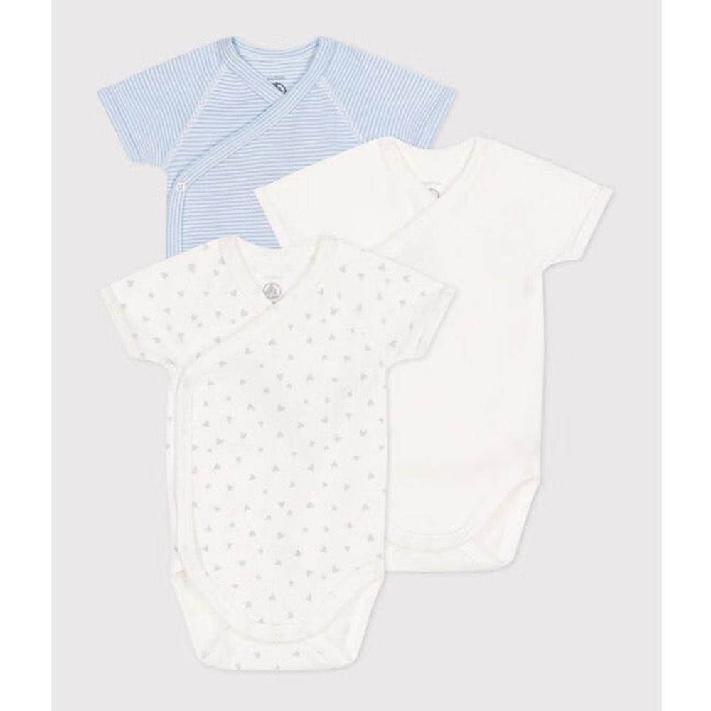 Petit Bateau Lot de 3 bodys en coton à manches courtes - Cœurs/Rayures/Bleu