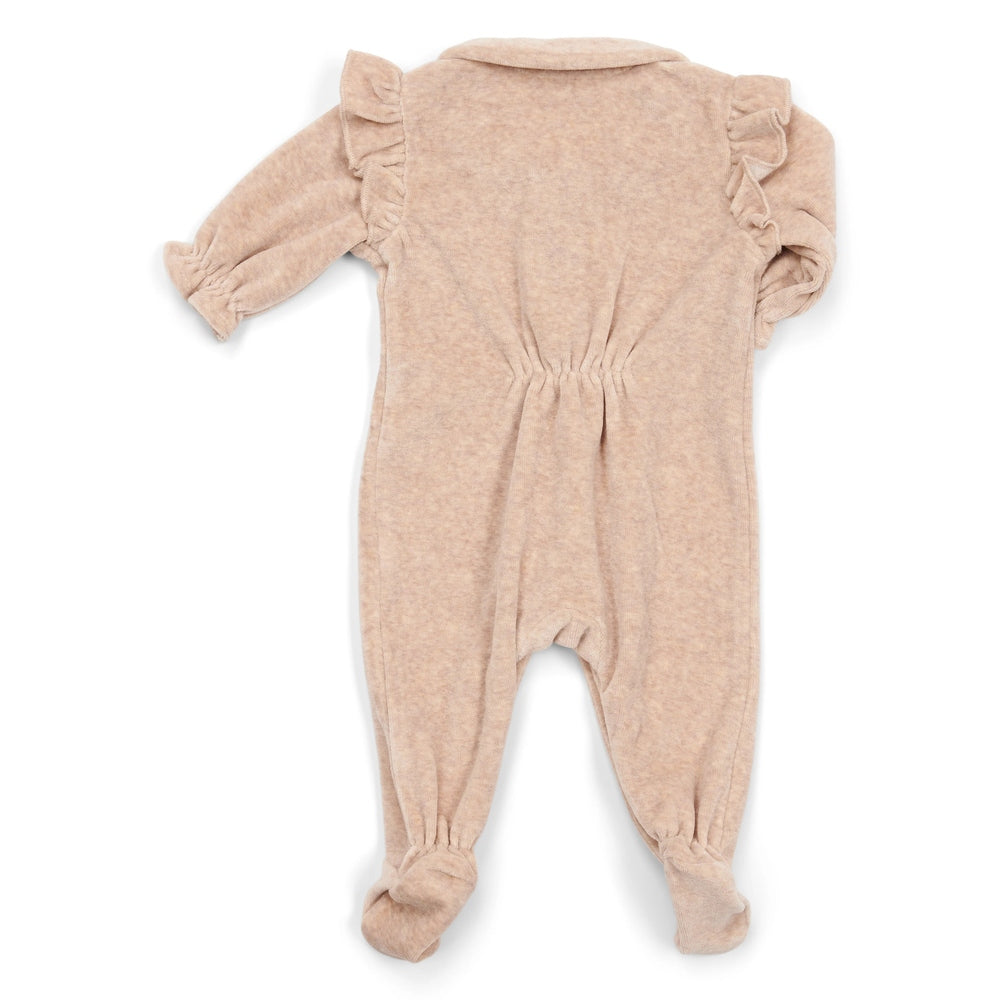 Grenouillère bébé Poetree Kids en velours camel ultra doux avec volants