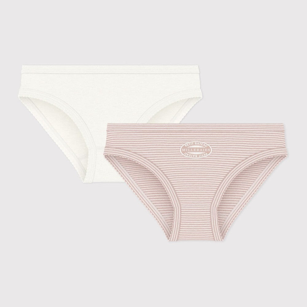 Lot de 2 culottes pour fille, rayées blanc-rose et blanches