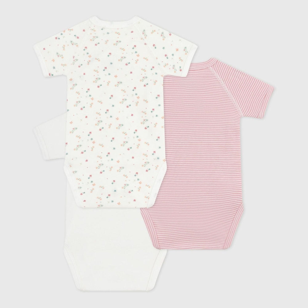 Petit Bateau Set de 3 bodies croisés en coton à manches courtes - Cœur/Fleurs/Rayures