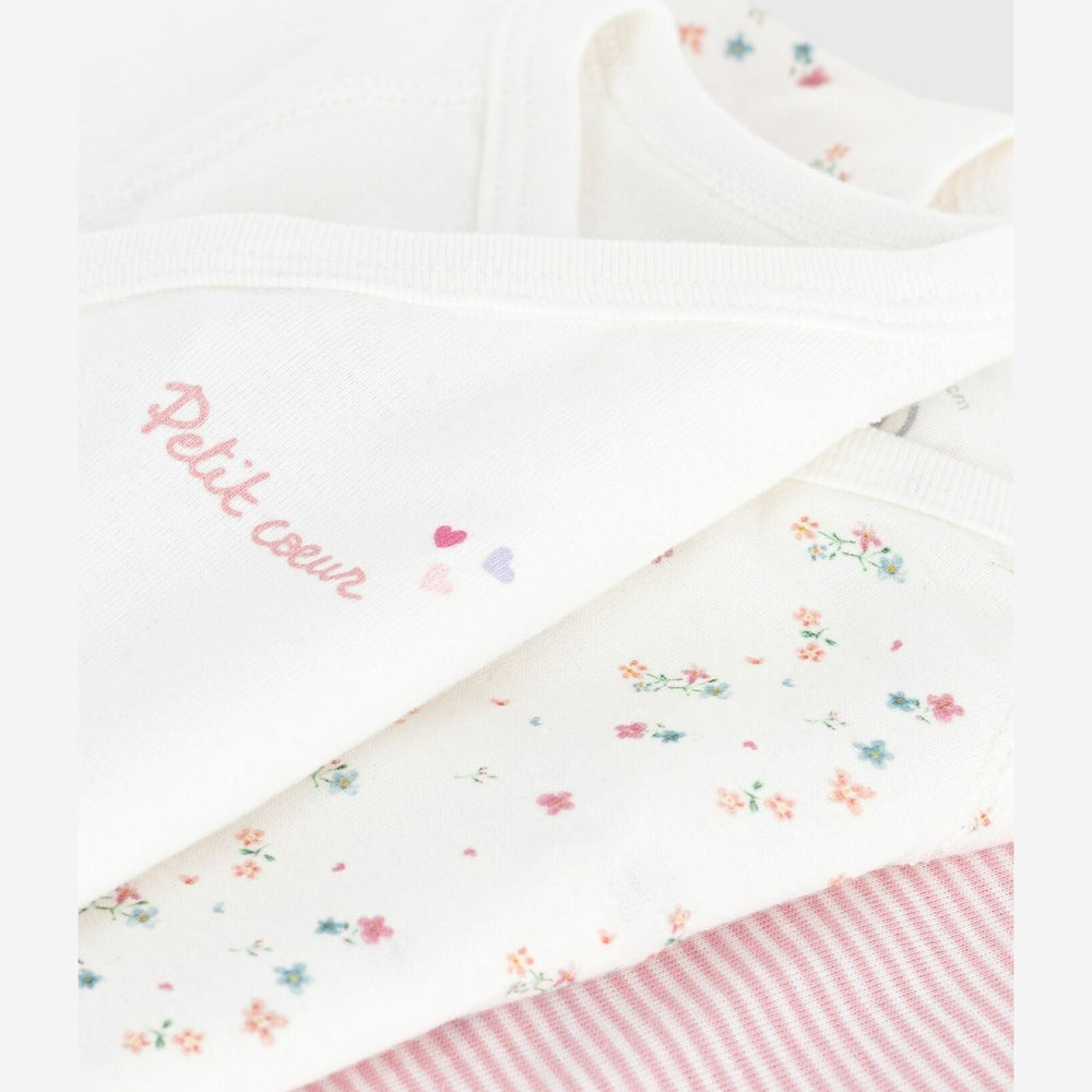 Petit Bateau Lot de 3 bodies croisés en coton à manches courtes - cœur/fleurs/rayures