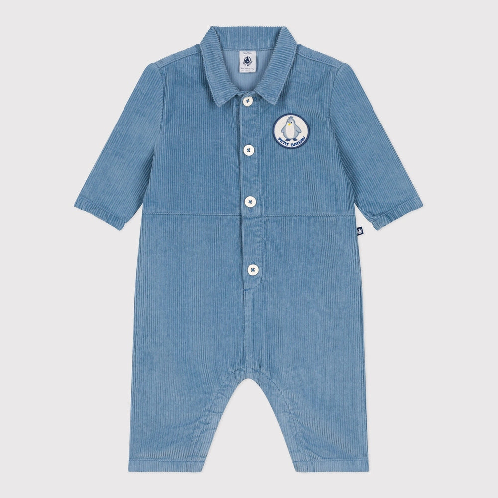 Petit Bateau Grenouillère bébé longue en velours - Bleu