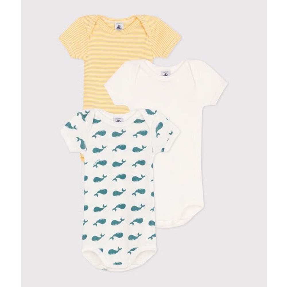 Petit Bateau Lot de 3 bodies en coton à manches courtes - Baleine/Jaune/Vert