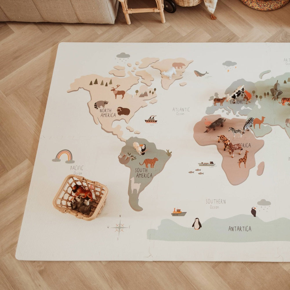 Tapis de jeu puzzle Play&Go - Eevaa tapis puzzle 2 en 1/boîte de rangement - Carte du monde design coloré
