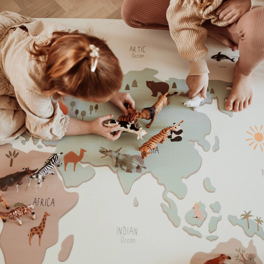 Tapis de jeu puzzle Play&Go - Eevaa 2-en-1 tapis puzzle/boîte de rangement - design carte du monde coloré