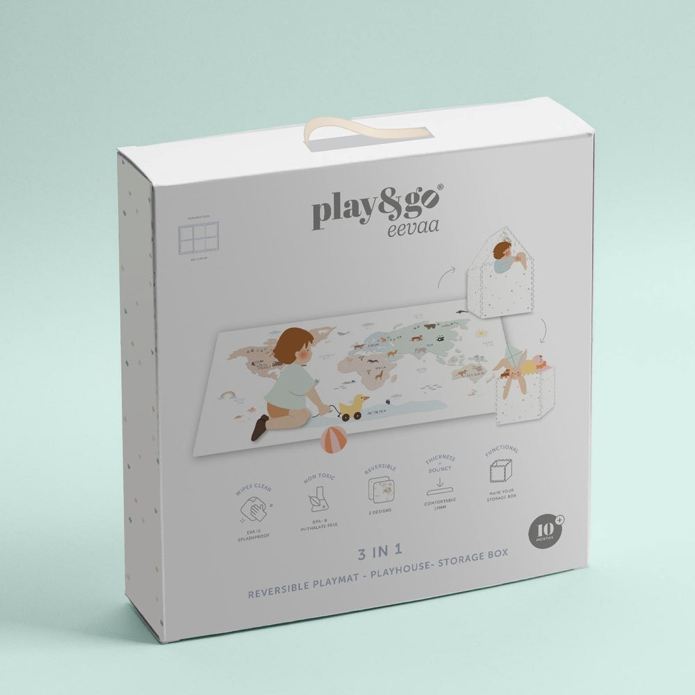 Play&Go Tapis de jeu puzzle - Eevaa tapis puzzle/rangement 2-en-1 - design carte du monde colorée