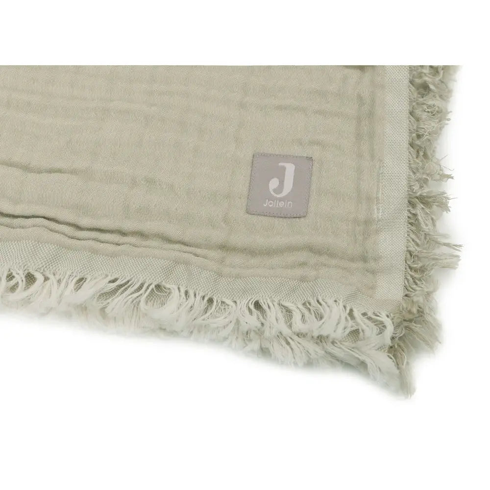 Couverture berceau 75x100cm à franges - Vert olive/Ivoire - GOTS