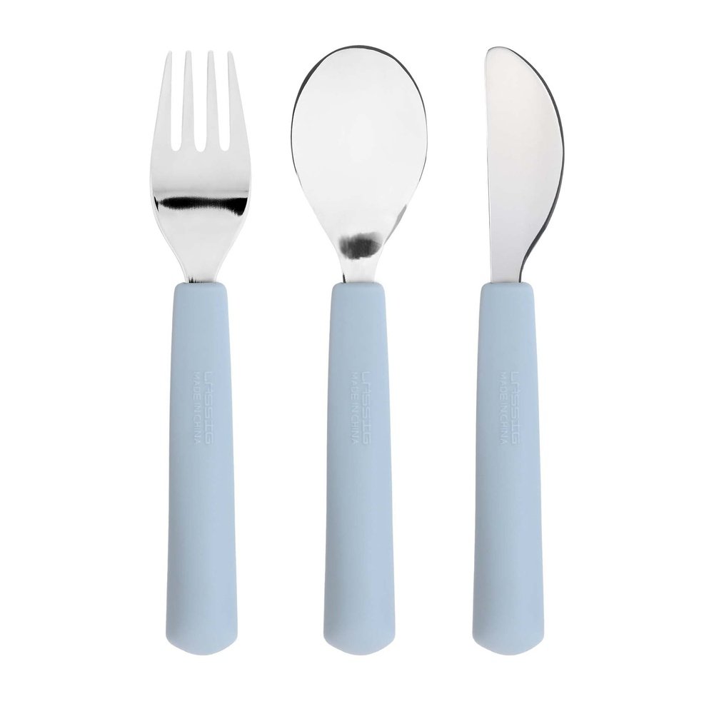 Couverts pour enfants avec poignée en silicone - Happy Rascals, Smile bleu ciel