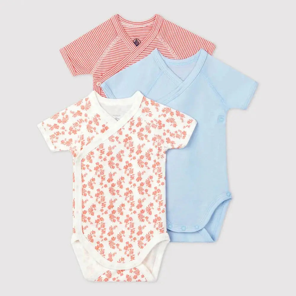 3 bodies cache-cœur à manches courtes en 100 % coton bio