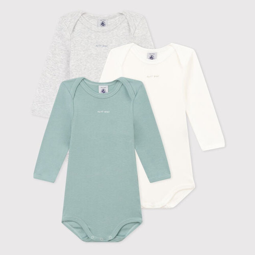 Petit Bateau | Lot de 3 bodies en coton à manches longues - vert/gris/blanc