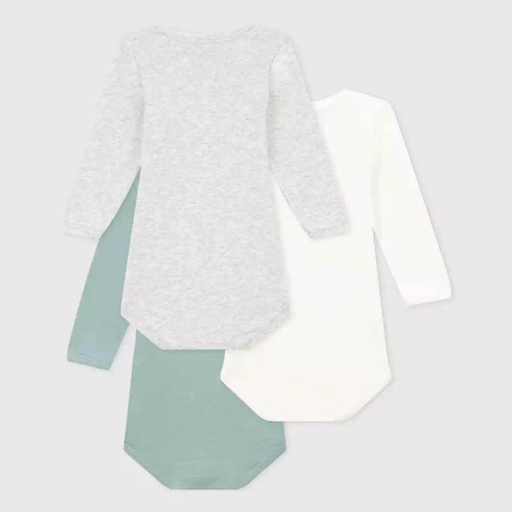 Petit Bateau | Lot de 3 bodies en coton à manches longues - vert/gris/blanc