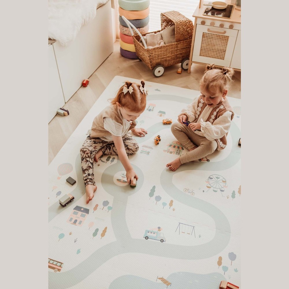 Tapis de jeu puzzle Play&Go - Eevaa tapis puzzle 2-en-1/boîte de rangement - Village/Terrazzo
