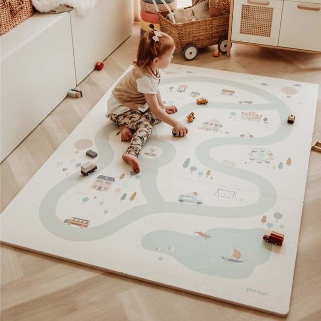 Tapis de jeu puzzle Play&Go - Eevaa 2-en-1 tapis puzzle/boîte de rangement - Village/Terrazzo