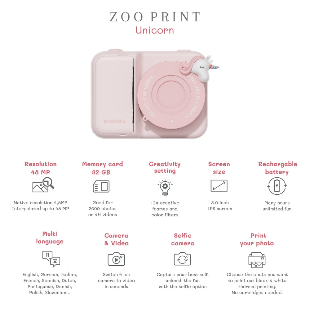 The Zoofamily Zoo Print - Licorne | Appareil photo pour enfants avec impression instantanée