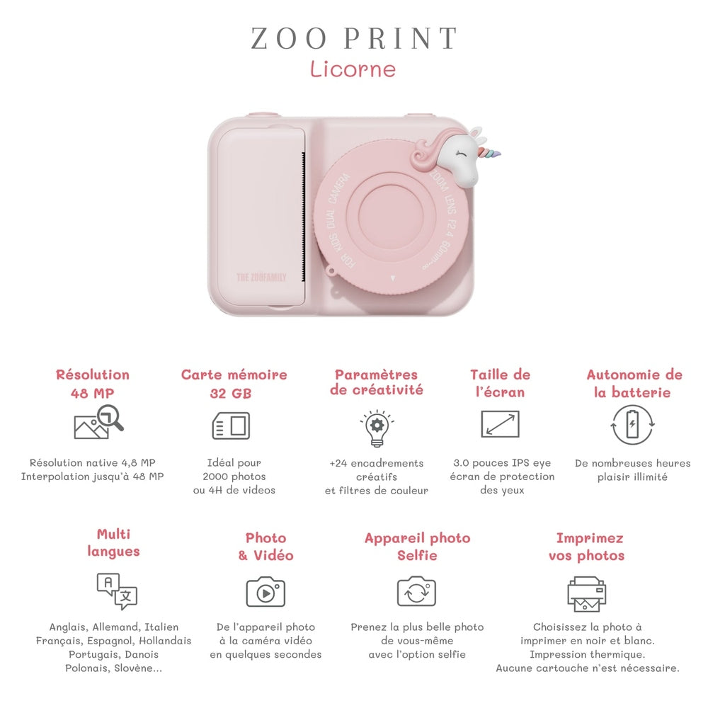 The Zoofamily Zoo Print - Licorne | Caméra pour enfants avec impression instantanée