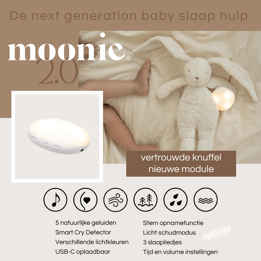 Moonie Konijn The Humming Bunny Organic 2.0 - Cappuccino Naturel | Peluche bruit blanc avec veilleuse