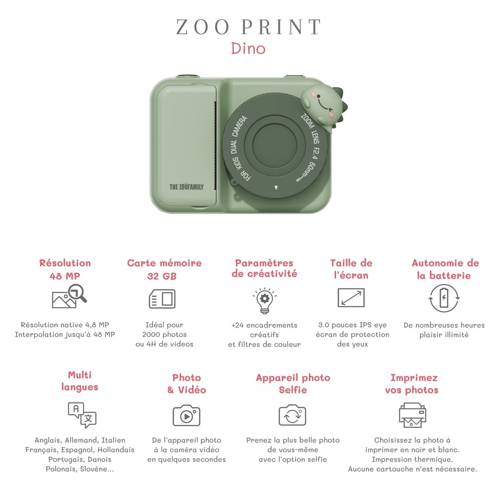 The Zoofamily Zoo Print - Dino | Appareil photo pour enfants avec impression instantanée