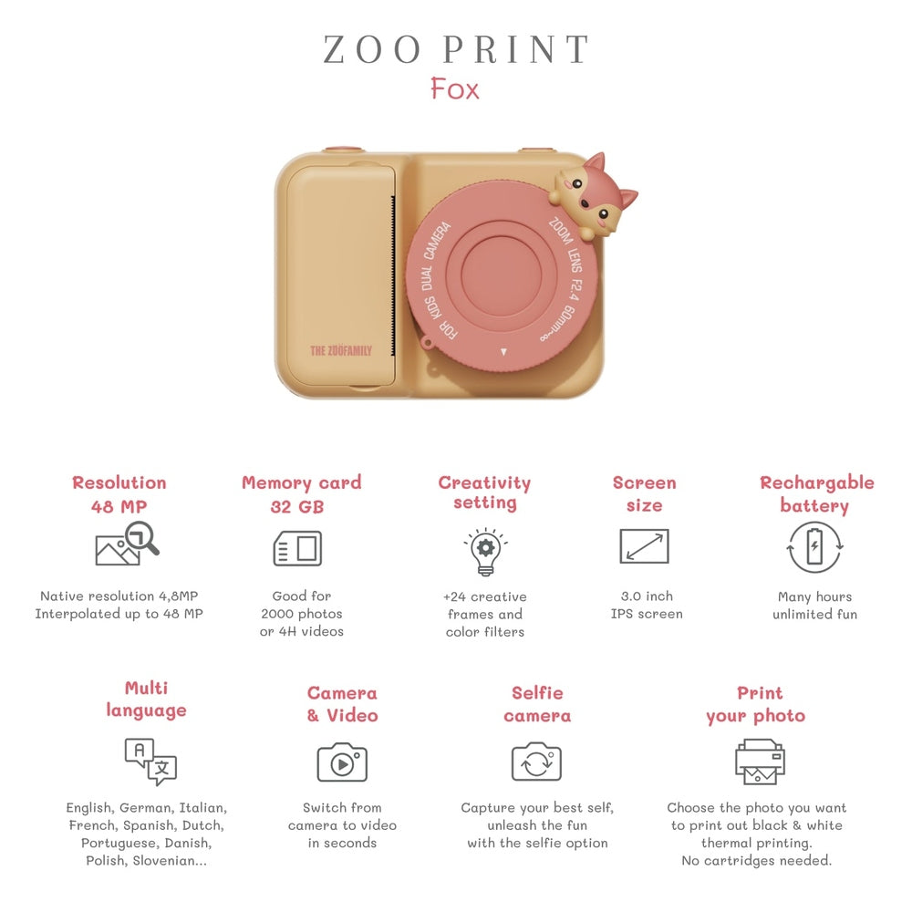 Le Zoofamily Zoo Print - Renard | Appareil photo pour enfants avec impression instantanée