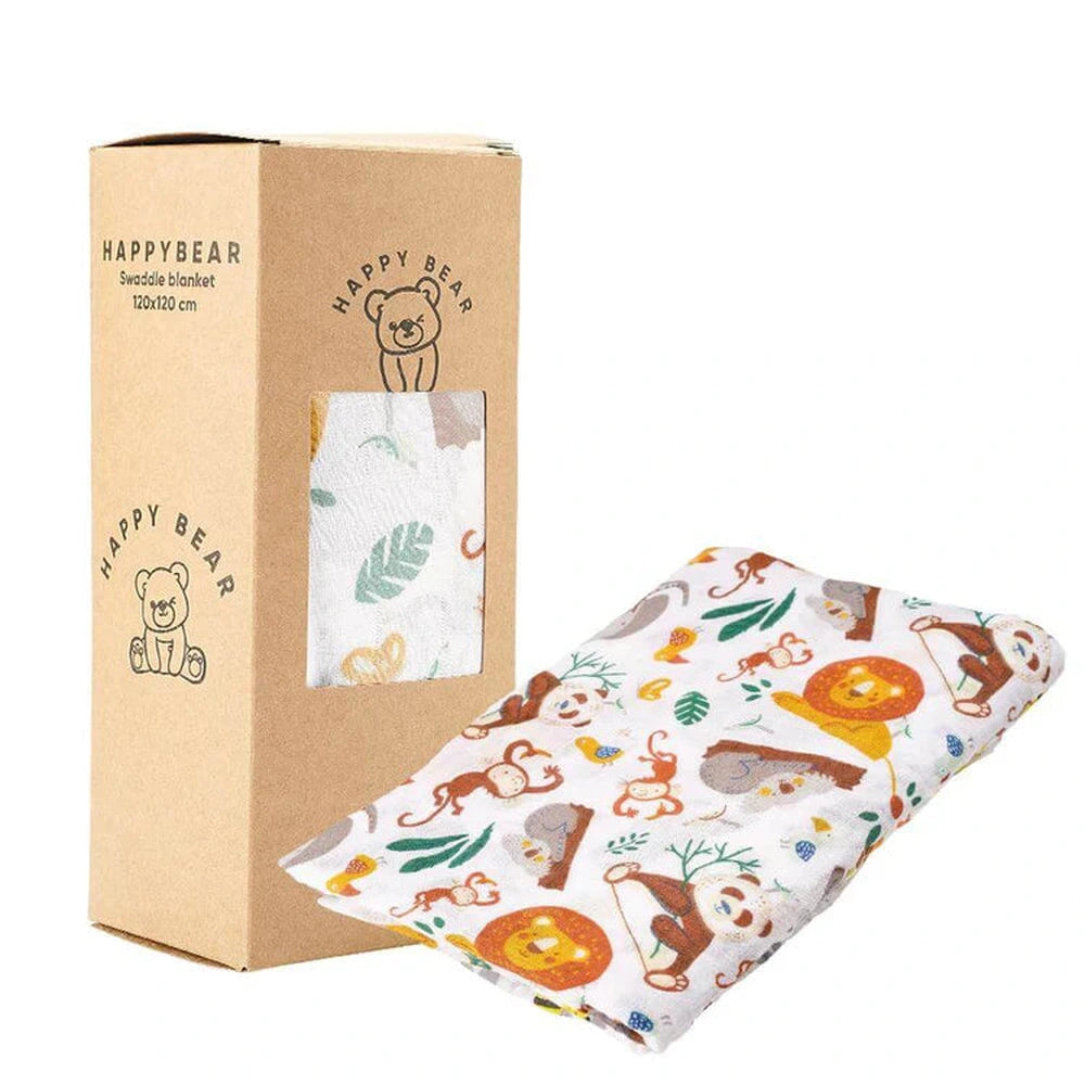 Happy Bear lange hydrophile/tissu tétra/swaddle/couverture d'emmaillotage en coton 120x120 - Wild Animals