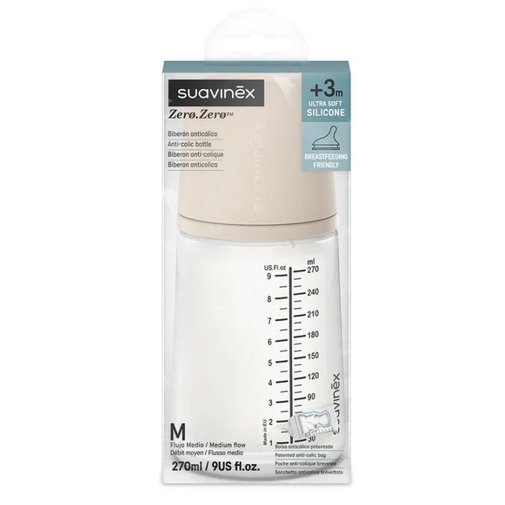 Suavinex - Biberon anti-coliques Zero.Zero - Débit moyen M - 270ml - +3m - Sable