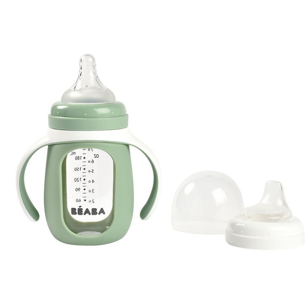 Bouteille d’apprentissage en verre 2 en 1 avec housse en silicone - vert sauge