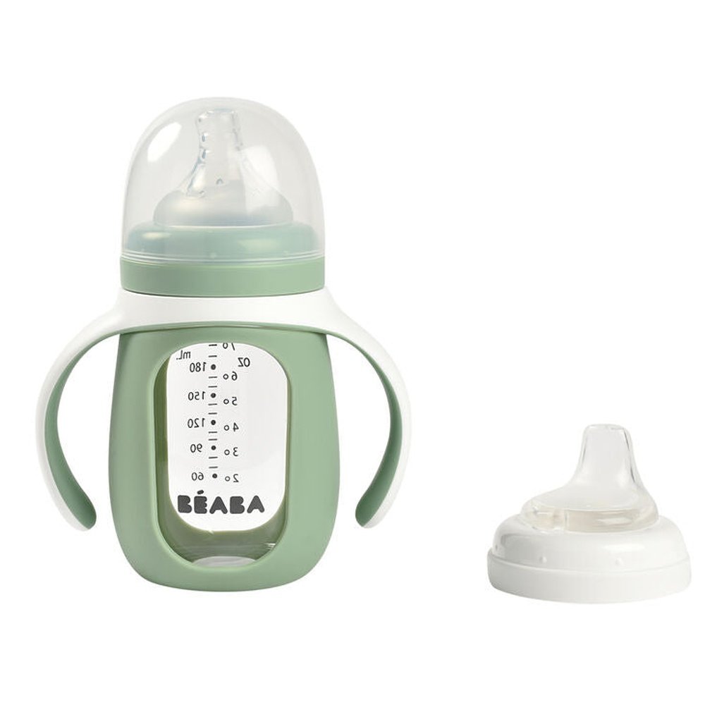 2 EN 1 BOUTEILLE D'APPRENTISSAGE EN VERRE AVEC HOUSSE EN SILICONE - VERT SAUGE