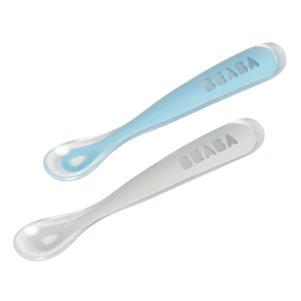 SET DE CUILLÈRES EN SILICONE 1ER ÂGE AVEC ÉTUI DE TRANSPORT GRIS BRUME+BLEU VENTÉ